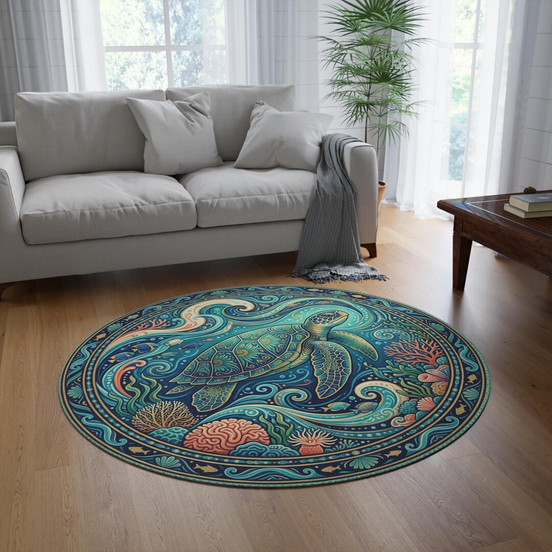 Round Rug Turle Sea Turtle Nautical Art Round Rug | Ocean Coral Reef Floor Mat - Etsy