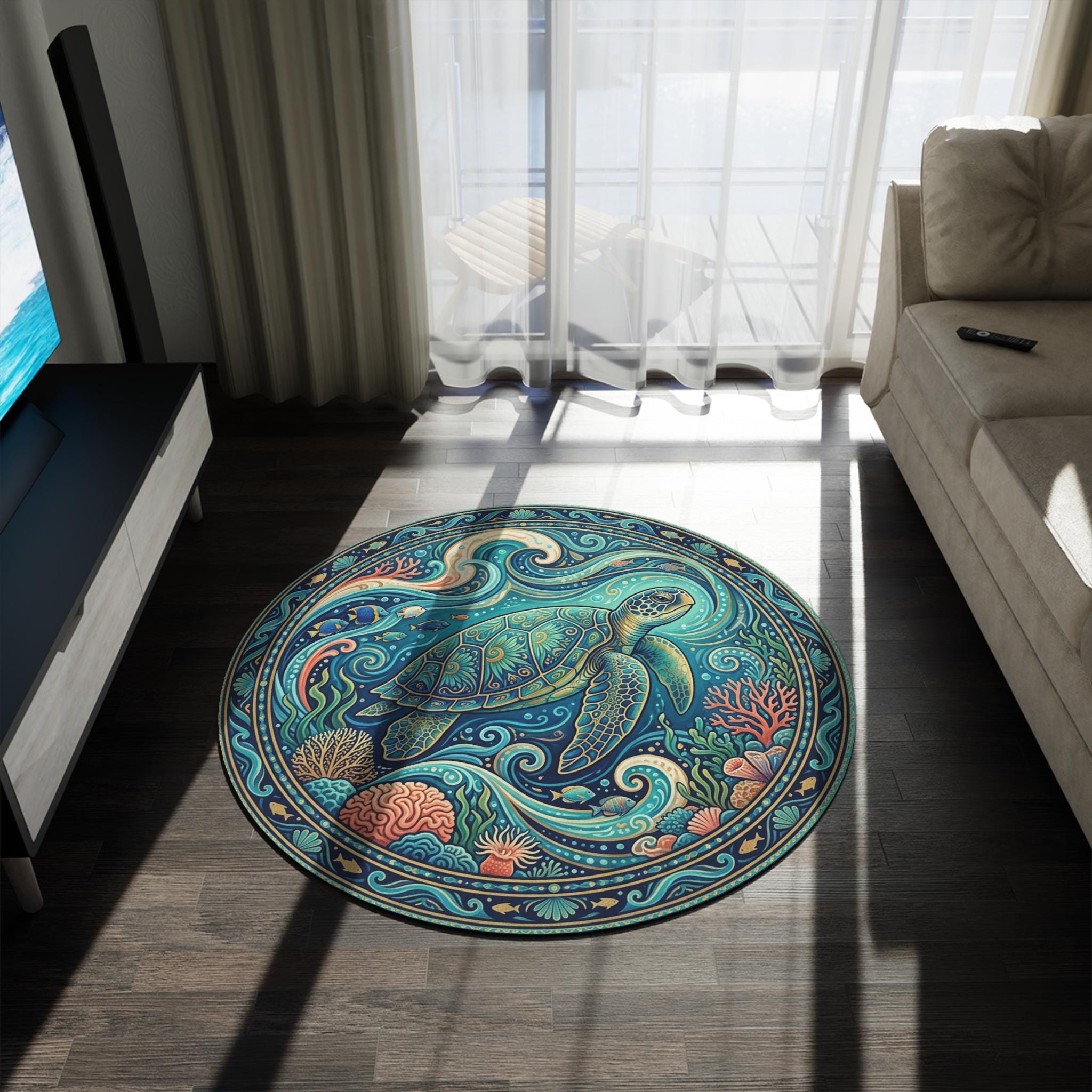 Sea Turtle Nautical Art Round Rug | Ocean Coral Reef Floor Mat - Etsy