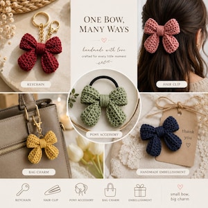 Crochet Bow Pattern PDF + Video Tutorial, Bow Keychain Pattern, Hair Bow Crochet Pattern, Bag Charm, Ponytail Accessory, Easy Crochet