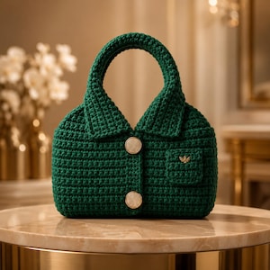 May include: A dark green crochet handbag shaped like a collared shirt with a single handle. The front features two large, round, metallic gold buttons and a small patch pocket on the right side adorned with a tiny, gold-toned leaf-shaped emblem.