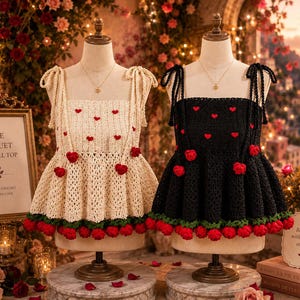 Può includere: Due top babydoll all'uncinetto su manichini. Uno è color crema, l'altro è nero. Entrambi presentano sottili spalline da annodare, piccoli cuori rossi ricamati e un orlo decorato con una fila di fiori rossi all'uncinetto e foglie verdi.