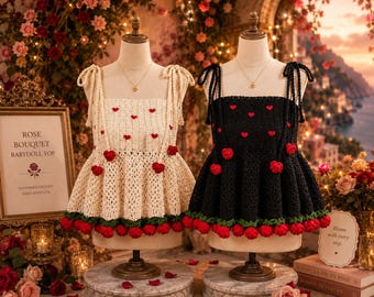 Crocheted Crop Top Pattern with Video Guide Babydoll Heart Applique Rose Bouquet Top Template Cottagecore Whimsical Romantic Summer Fashion