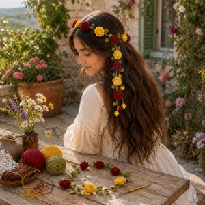 May include: A crochet flower crown featuring deep red and bright yellow roses with green leaves. The crown is worn on the head with a long floral strand cascading down the hair, and a matching circular crochet flower wreath lies on the table.