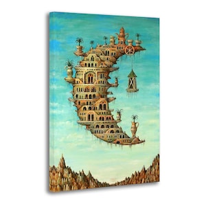 May include: A surrealist painting on canvas depicts a floating city with intricate architectural details, including arches, towers, and decorative elements. The artwork features a color palette of beige, brown, and teal, with palm trees and hanging lanterns. The painting is set against a blue sky.