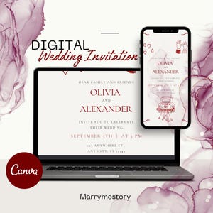 Modern Photo Wedding Invitation Template, Burgundy Aesthetic Invite with Circles, Minimalist Wedding Invitation Canva, Instant Download