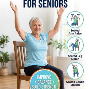 May include: Image promoting chair exercises for seniors. A woman in a blue shirt sits in a wooden chair with her arms raised. Text reads "ONLY 10 MIN A DAY SAFE CHAIR EXERCISES FOR SENIORS." Additional text: "IMPROVE BALANCE, BUILD STRENGTH, STAY ACTIVE."