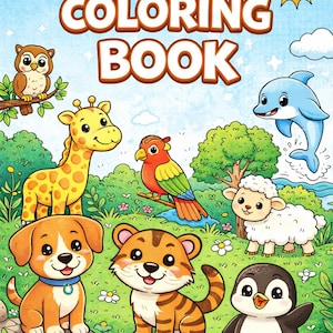 May include: A colorful children's coloring book cover with the text "85-PAGE COLORING BOOK." The cover features cartoon animals including a giraffe, owl, dolphin, parrot, sheep, puppy, tiger, and penguin. The text "FOR CHILDREN AGES 3-6" is also present.