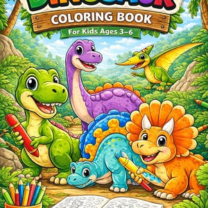 May include: A colorful dinosaur coloring book for kids ages 3-6. The cover features cartoon dinosaurs with crayons, the text "Cute & Fun DINOSAUR COLORING BOOK" and the phrase "This book belongs to:" on the bottom.