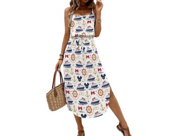 Disney Nautical Cruise Spaghetti Strap Tie Waist Midi Dress