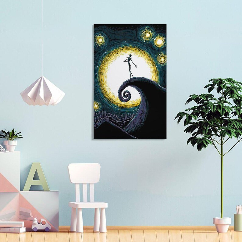 May include: A canvas print featuring a stylized illustration of Jack Skellington from The Nightmare Before Christmas. The artwork depicts Jack standing on a swirling hill under a starry night sky with a large, bright moon.