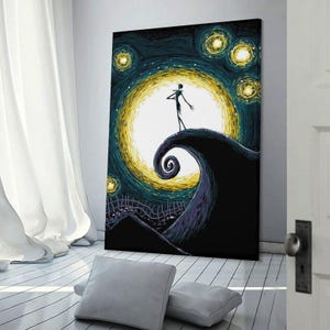 May include: Canvas art print featuring a stylized depiction of Jack Skellington standing on a hill with a spiral design, set against a starry night sky and a large yellow moon. The artwork has a dark, whimsical aesthetic.