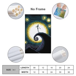 May include: A canvas print featuring a whimsical illustration of a tall, thin figure standing atop a swirling hill, silhouetted against a large, yellow moon. The background is a dark blue night sky with yellow stars. The text "No Frame" is visible.
