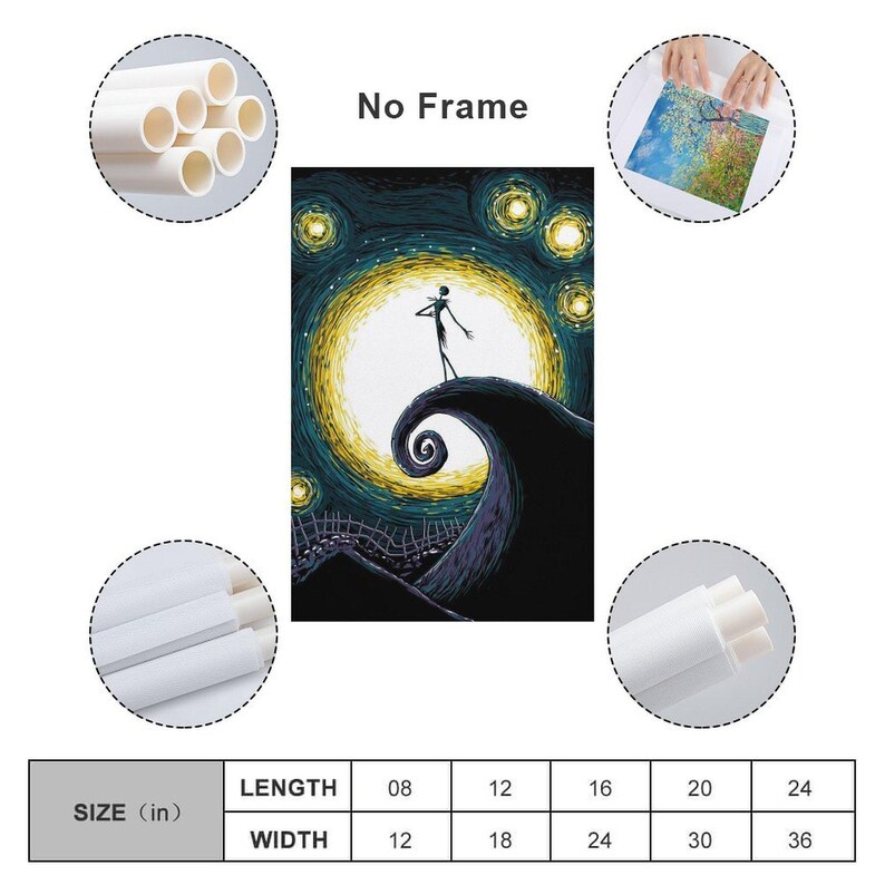 May include: A canvas print featuring a whimsical illustration of a tall, thin figure standing atop a swirling hill, silhouetted against a large, yellow moon. The background is a dark blue night sky with yellow stars. The text "No Frame" is visible.