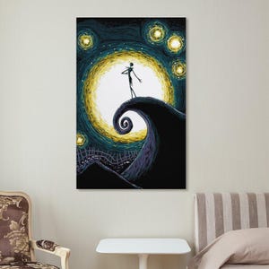May include: A framed art print featuring a stylized depiction of a character standing on a swirling hill under a starry night sky. The artwork has a dark color palette with yellow and teal accents, creating a whimsical and eerie atmosphere.