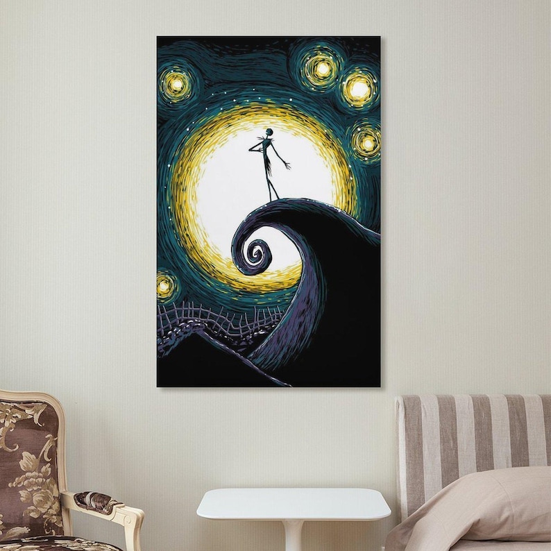 May include: A framed art print featuring a stylized depiction of a character standing on a swirling hill under a starry night sky. The artwork has a dark color palette with yellow and teal accents, creating a whimsical and eerie atmosphere.