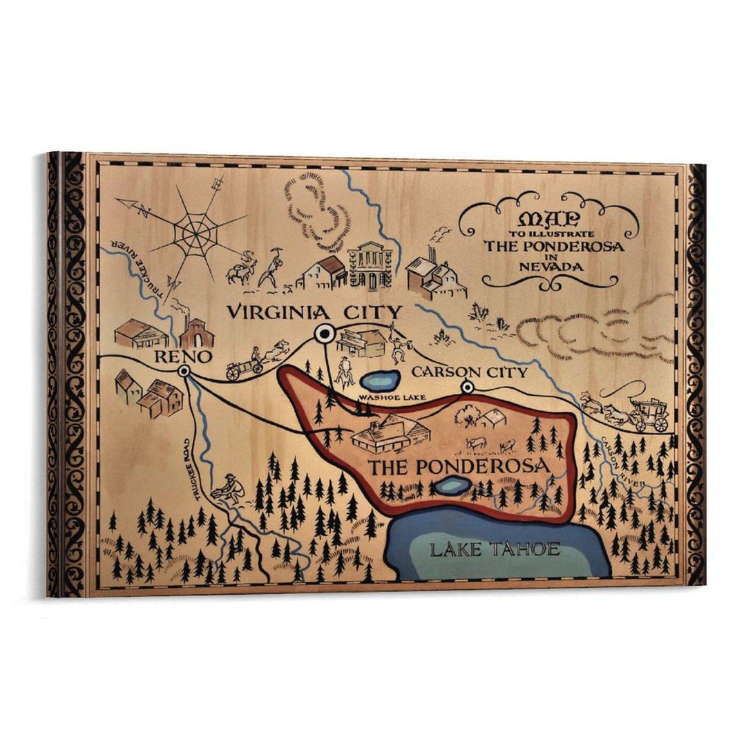 Bonanza Ponderosa Map Art: Lake Tahoe, Reno, Nevada Canvas Print - Etsy