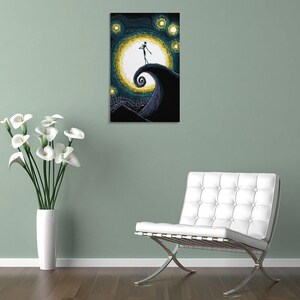 May include: A framed canvas art print featuring a stylized depiction of a character standing on a swirling hill under a bright yellow moon and starry night sky. The artwork has a dark, whimsical theme with a touch of Van Gogh's style.