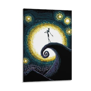 May include: A canvas print featuring a stylized illustration of a tall, thin figure standing on a swirling hill, silhouetted against a large, yellow moon. The background depicts a starry night sky with swirling patterns and a dark, ominous landscape.