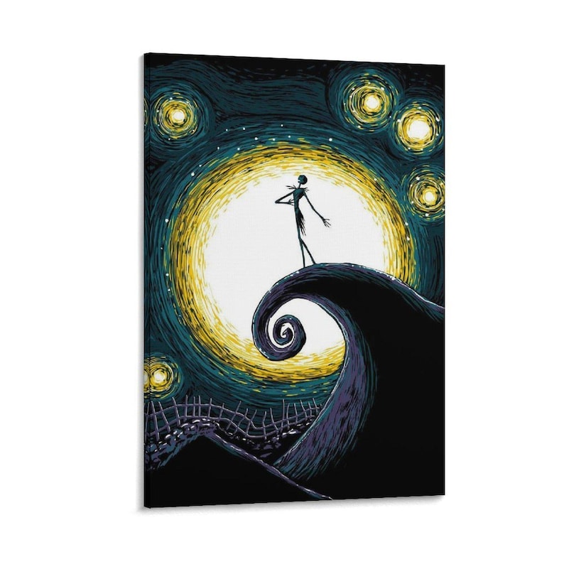 May include: A canvas print featuring a stylized illustration of a tall, thin figure standing on a swirling hill, silhouetted against a large, yellow moon. The background depicts a starry night sky with swirling patterns and a dark, ominous landscape.