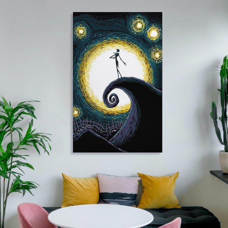 May include: A framed art print featuring a stylized depiction of Jack Skellington from The Nightmare Before Christmas. The artwork showcases a silhouetted figure on a swirling hill, set against a starry night sky with a large, glowing moon.