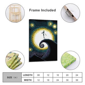 May include: Canvas wall art featuring a whimsical illustration of a tall, thin figure standing on a swirling hill, silhouetted against a large yellow moon and starry night sky. The artwork is framed and available in various sizes, with lengths from 8 to 24 inches.
