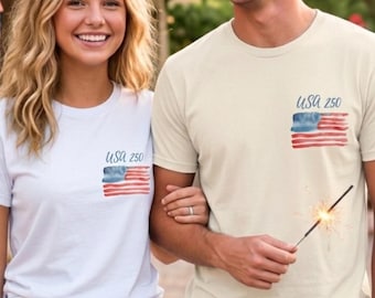 Camiseta USA 250 Flag | Diseño de bolsillo con bandera estadounidense en acuarela del 250 aniversario Camiseta del 250 aniversario de EE. UU. | EE. UU. 250