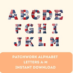 Patchwork-Alphabet (SVG, PNG, PDF) A-M | Gestepptes Buchstaben-Set | Rot-Blau-Weißes Alphabet-Clipart | Cricut-Buchstaben | Druckbares Alphabet-Set