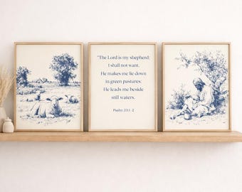 Salmo 23 - Juego de 3 impresiones de arte mural | Arte mural cristiano | Decoración infantil | Escrituras neutras imprimibles | Decoración cristiana para el hogar