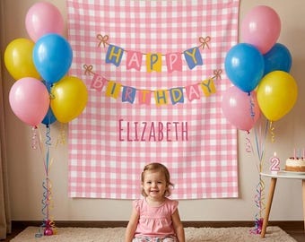 Tapiz de pared interior con pancarta de Feliz Cumpleaños | Cuadros rosas personalizados con nombre