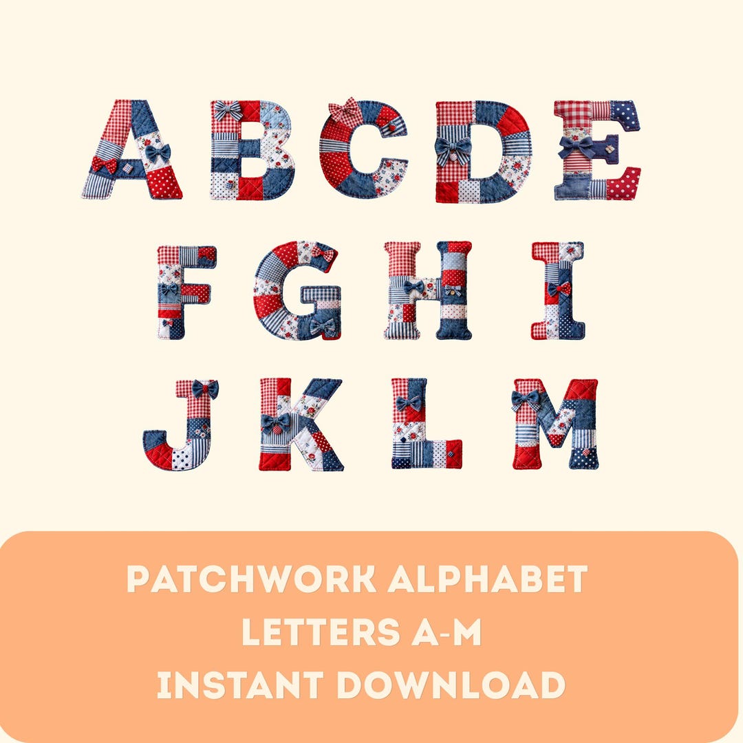 Patchwork Alphabet SVG PNG PDF A-M | Quilted Letters Bundle | Red Blue ...