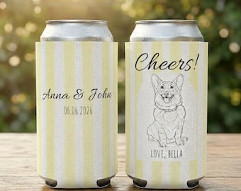 Fundas para latas personalizadas con ilustración de perro | Enfriador de latas para bodas con mascotas | Recuerdos de boda personalizados para perros y gatos | Fundas para latas con rayas para bodas