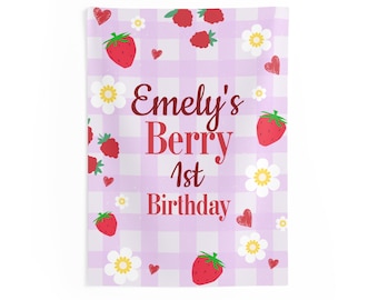 Pancarta de primer cumpleaños con diseño de fresa, decoración de primer cumpleaños para niña, cartel de fiesta de primer cumpleaños, pancarta con nombre personalizado.