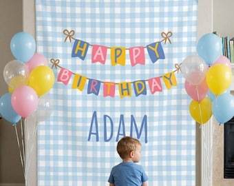 Tapiz de pared personalizado con pancarta de feliz cumpleaños | Cuadros azules | Primer cumpleaños