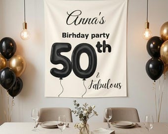 Decoración de pared interior con nombre personalizado | Decoraciones para el 50 cumpleaños | Tapiz de globos para el 50 cumpleaños