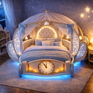 Op de afbeelding: Een grillig bed in de vorm van een koets, met een luifel en decoratieve lichten. Het bedframe is wit en goud, met een klok op het voeteneinde. De kamer heeft een sprookjesthema, met een nachthemelmuurschildering en een volle maan.