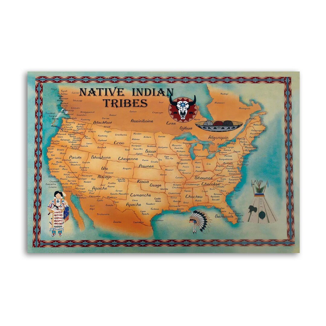 Retro Native Tribes Native American Tribal Map Native Indian Tribes Retro Poster Home Wall ...