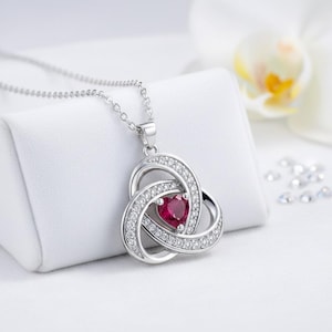 Silver Celtic Knot Heart Ruby CZ Pendant Necklace, Irish Love Jewelry Gift for Women
