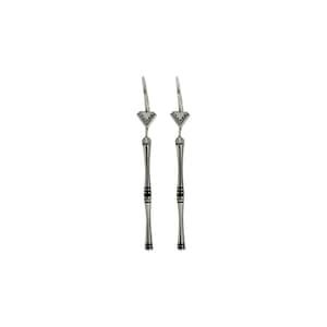 May include: A pair of silver-toned dangle earrings. Each earring features a diamond-shaped top, a slender, elongated body with black horizontal stripes, and a hook closure. The earrings are displayed against a white background.