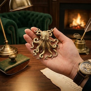 Könnte beinhalten: Eine detaillierte, goldfarbene Oktopus-Figur mit gekräuselten Tentakeln wird in einer Hand gehalten. Der Oktopus ist der Mittelpunkt, mit aufwendigen Details. Der Hintergrund umfasst einen Schreibtisch, eine Lampe und einen Kamin, was auf ein Vintage- oder nautisches Thema hindeutet.