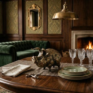 May include: A bronze pig ornament on a wooden table, alongside green plates with gold edging, crystal wine glasses, and a corkscrew. A linen napkin and a brown table runner are also present. A fireplace with a burning fire is in the background.