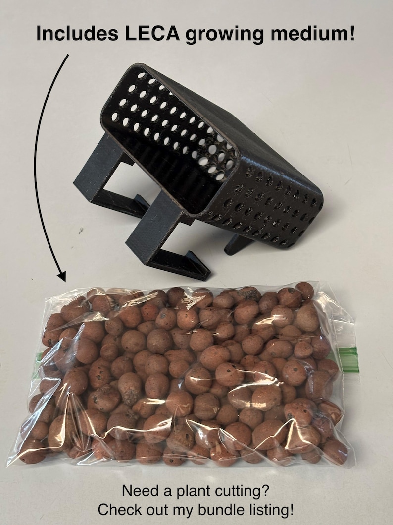 May include: A black plastic plant pot with many small holes, supported by legs, sits above a clear plastic bag filled with brown LECA growing medium. Text reads: "Includes LECA growing medium!" and "Need a plant cutting? Check out my bundle listing!"