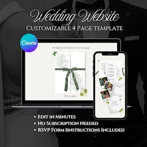 Puede incluir: Un portátil y un smartphone muestran una plantilla de sitio web de bodas. El portátil muestra un diseño personalizable de 4 páginas con una cinta verde y detalles florales. El smartphone muestra ejemplos de invitaciones. El texto incluye "Wedding Website" y "Edit in Minutes."