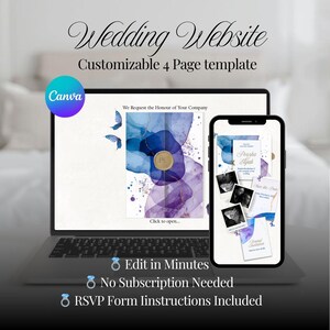 以下が含まれることがあります： ラップトップとスマートフォンは、結婚式のウェブサイトのテンプレートを表示しています。ラップトップの画面には、「We Request the Honour of Your Company」というテキストが入った青と紫の花柄のデザインが表示されています。スマートフォンには結婚式の詳細が表示されています。