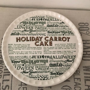 Vintage Round Ceramic Holiday Carrot Cake Serving Plate with Recipe