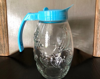 Vintage Mid-Century Glass Syrup Dispenser Plastic Turquoise Lid Top