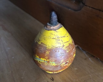 Vintage Wooden Yellow Distressed Spinning Top Play Toy