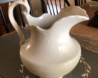 Antique Vintage Crazed and Unique Distressed White Ironstone Pitcher Marked Glendora