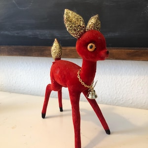 Vintage Red Flocked and Gold Glittered Hard Plastic Reindeer Deer
