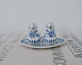 Vintage Delft Blue White Floral Ceramic Salt and Pepper Shakers on Tray