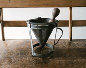 Vintage Kitchen Conical Canning Puree Food Mill Colander Strainer Potato Ricer on Stand Wood Pestle